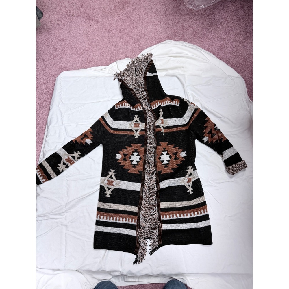 Womens Southwestern Tribal Hooded Cardigan Open Front Fringe Sweater Black M